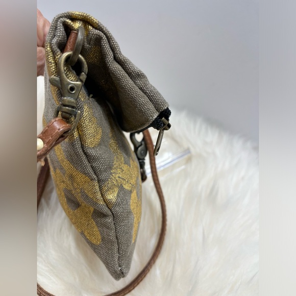 Mona B. Up cycled Coated Canvas Crossbody w Vegan Leather Metallic Gold Design - Picture 4 of 17